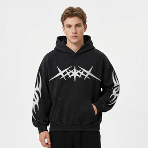Sweat à capuche oversize noir Y2K streetwear unisexe, imprimé étoile tribale gothique, délavé à l'acide, 100% coton respirant - Product Image 6