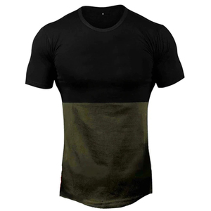 Camiseta de punto para hombre, corte ajustado, manga corta, cuello redondo, con bloques de color, negro y verde oliva, estilo casual. - Product Image 1