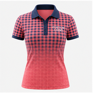 เสื้อโปโลผู้หญิงลายตารางพิกเซลสีชมพูคอรัลเข้ม ลายตารางกิงแฮม แห้งเร็ว ระบายอากาศได้ดี แขนสั้น ชุดยูนิฟอร์มกอล์ฟ WPS-0812 - Product Image 3
