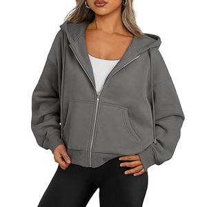 Top quality Women Oversized Hooded <b>Zipper</b> <b>Sweatshirt</b> Solid Color Fleece Drop-Shoulder Long Sleeve Autumn Casual Wear - Product Image 2