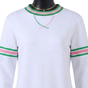 Pull blanc à col rond pour femme avec rayures vertes et roses, manches longues, tricoté, décontracté, pour l'automne, sweat-shirt à col rond pour sororité - Product Image 2