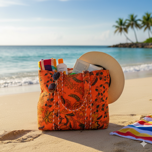 กระเป๋าโท้ทผ้าฝ้ายลายทางสีน้ำเงินทำมือ พิมพ์ลายผลไม้ ขนาดกลาง สายสะพายยาว ปิดซิป ใช้ซ้ำได้สำหรับใส่ของช้อปปิ้ง - Product Image 1