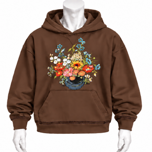 Sweat-shirt à capuche marron chocolat avec motif floral, coupe oversize, décontracté, poche kangourou, style streetwear - Product Image 1