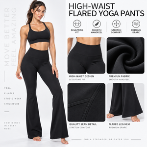 <b>High</b> <b>Waisted</b> <b>Flared</b> Leg Yoga <b>Leggings</b> Seamless Solid Black Full Length Elastic Waist Stretch Fabric Women's Workout Pants - Product Image 5