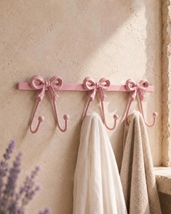 Premium <b>Bow</b> Design Pink Towel <b>Holder</b> With 3 Hooks For Bathroom Kitchen Wash Basin Area Cute Stylish Wall Mounted Rack Use - Product Image 4