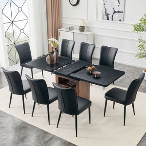 Tavolo da Pranzo Espandibile 59-71 Pollici con Funzione Estraibile Abbinato a 8 Sedie Nere in PU Design a Righe Verticali Set Sala da Pranzo - Product Image 2