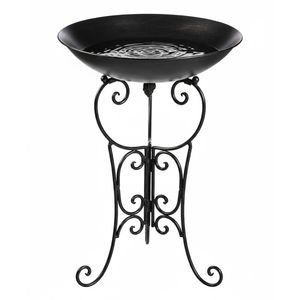 Bain d'oiseaux en métal rose de style vintage avec support à motifs décoratifs et figurine d'oiseau décorative, bol à eau de jardin, décoration extérieure - Product Image 3