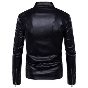 Chaqueta de moto de cuero PU negra para hombre, cuello alto, cierre de cremallera, corte ajustado, largo regular, color sólido, ropa de abrigo de otoño, venta al por mayor - Product Image 2