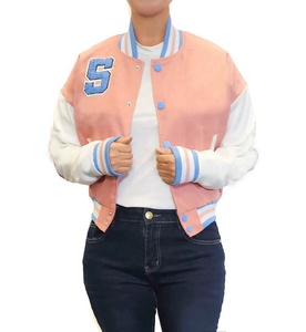 2024 nouvelle mode varsité veste pour femmes recadrée Baseball Style décontracté hiver laine broderie décoration Technique plaine teint - Product Image 1