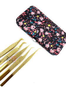 Juego de Pinzas para Pestañas Chapadas en Oro, Herramientas de Precisión con Estuche Floral, Kit de 5 Piezas para Aplicación de Extensiones de Pestañas - Product Image 5