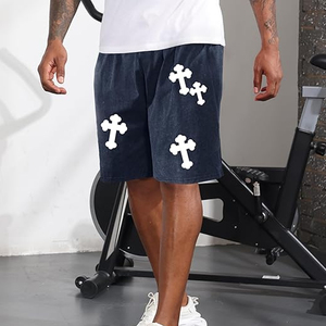 กางเกงขาสั้นเทรนดี้ดีไซน์ยีนส์ฟอกสี ผ้าฝ้ายเฟรนช์เทอร์รี่ พิมพ์ลายขอบเอว กางเกงจ็อกเกอร์ผู้ชายฟอกสีซันเฟด - Product Image 3