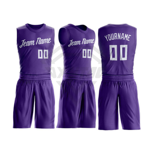 Usine de fabrication d'uniformes de basketball personnalisés par sublimation, vente en gros OEM, ensemble maillot et short de basketball réversible pour hommes, violet, vêtements de sport - Product Image 3