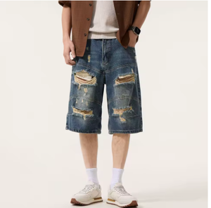 Shorts en jean baggy déchirés pour hommes, style streetwear, patchwork, trous, style hip-hop et motard - Product Image 4