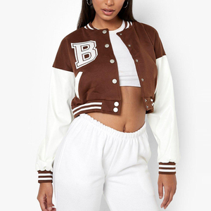 Chaqueta Varsity Unisex Marrón con Rayas Blancas, Material de Felpa, Corte Regular, Estilo Preppy, para Otoño - Product Image 3