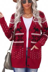 Cárdigan Rojo de Mujer con Cuello en V y Botones, Suéter de Punto Jacquard para Invierno - Product Image 2