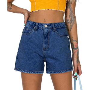Shorts de Mezclilla de Cintura Alta para Mujer, Color Sólido, Lavado a la Piedra, Estilo Casual de Verano, Corte Regular, Cierre de Botones, Shorts de Mezclilla de Algodón Tejido - Product Image 1