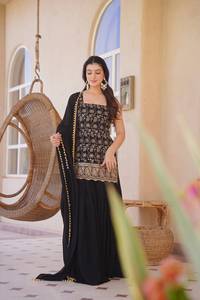Salwar Kameez en rayonne brodée noire, longueur ras du sol, tenue de mariage traditionnelle avec dupatta pour femmes, style Inde Pakistan - Product Image 3