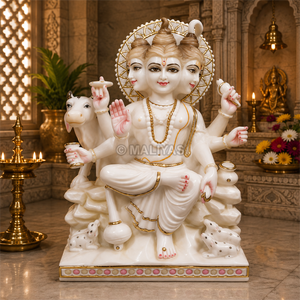 Handcrafted White Marble Lord Dattatreya Sitting Statue with Kamadhenu | Premium Marble Murti by MALIYAS Jaipur - Product Image 2