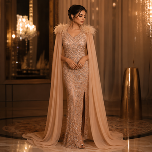 Robe de soirée de luxe en or champagne perlée pour femme, élégante, col en V, avec cape en plumes, robe longue formelle pour mariage, fête, bal de promo, cocktail - Product Image 2