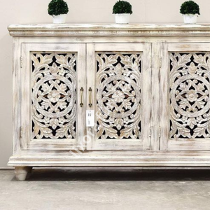 Consola de TV de Madera Maciza Hecha a Mano con Tallado de Mandala Ornamentado, Acabado Blanqueado, Muebles Rústicos para Sala de Estar - Product Image 2