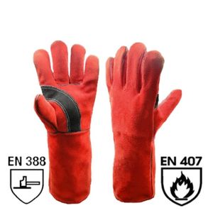 Guantes de Soldadura de Cuero de Ante Bovino Rojo con Costuras de Kevlar, Palma y Dedos Reforzados, Puño Largo Resistente al Calor - Product Image 1