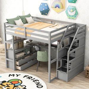 Letto a soppalco a grandezza naturale con scala contenitore grigia, scrivania, scaffali e due cassetti integrati per bambini - Product Image 3