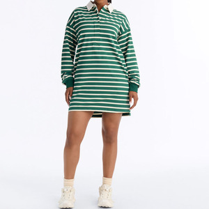 Vestido Camisero Oversize a Rayas para Mujer al por Mayor, Manga Larga, Cuello Polo, Dobladillo Asimétrico, Mini, Casual, de Algodón Tejido Transpirable - Product Image 4