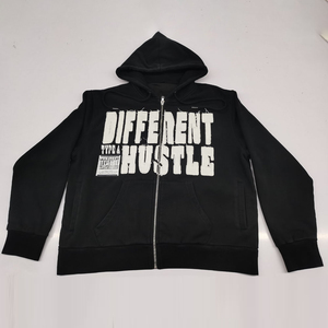 Hoodie streetwear personnalisé pour homme, coupe et couture surdimensionnées, fermeture éclair, appliqué patchwork, effet vieilli - Product Image 1