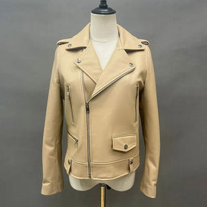 <b>Pink</b> PU Leather Moto <b>Jacket</b> Women's Autumn Stand Collar Full Sleeve Zipper Closure Solid Color Woven Pattern - Product Image 3