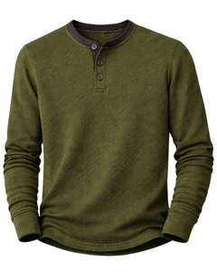Mens Waffle Henley Long Sleeve <b>Thermal</b> T Shirt Olive Green Casual Button Neck Winter Wear <b>Top</b> Cotton Slim Fit Breathable Fabric - Product Image 2