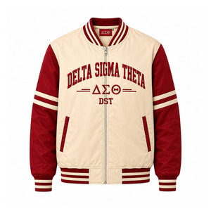 เสื้อแจ็คเก็ตบอมเบอร์ Delta Sigma Theta สีแดง แขนครีม พิมพ์ลายด้านหลังปี 1913 แบบซิปหน้า สไตล์พรีปปี้ สำหรับผู้ชาย - Product Image 5