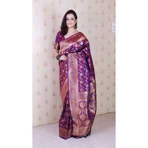 ผ้าไหมทอสีม่วงลายบาเนราซี จาล ยี่ห้ออีลิท วีฟส์ เนื้อผ้านุ่ม ประดับด้วยดิ้นทอง ซารี ผ้าไหมอินเดีย/ปากีสถาน - Product Image 6