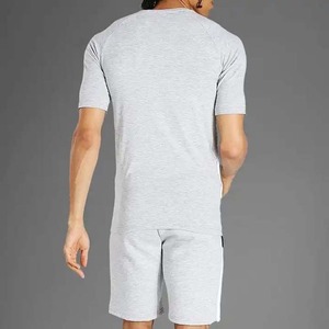 Men's Gray Cotton Casual <b>Shorts</b> Crew Neck T-Shirt Set Breathable Lightweight Summer Wear Solid Color Simple Design Elastic Waist - Product Image 2