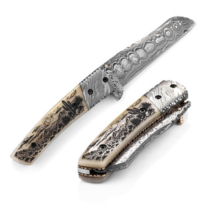 Couteau pliant professionnel en acier Damas - Utilisation pour la chasse et le camping - Qualité industrielle - Longueur totale de 19 cm - Gravure au laser - OEM - Product Image 6