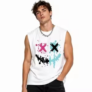 Débardeur blanc sans manches pour homme, anti-boulochage, broderie machine, 180g, style urbain, col rond, en coton tricoté respirant, pour le fitness - Product Image 2