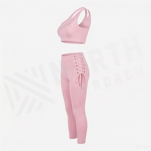 Ensemble de yoga rose à une épaule pour femmes, leggings à taille haute avec lacets, tenue de sport sans couture en 2 pièces - Product Image 3