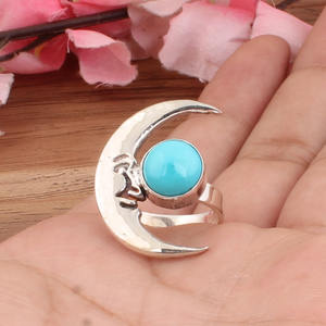 925 Sterling <b>Silver</b> Natural Turquoise Moon Face <b>Ring</b> Carved Women's Moon Band Western <b>Boho</b> Classic Wedding Jewelry Wholesale - Product Image 2