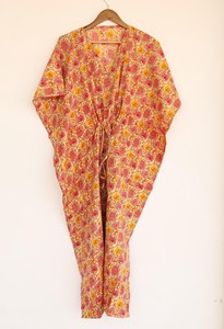<b>Boho</b> Chic Hand Block Floral Print Pink Kaftan Maxi <b>Dress</b> V-neck Women’s Relaxed Fit Cotton Casual <b>Summer</b> <b>dress</b> - Product Image 5