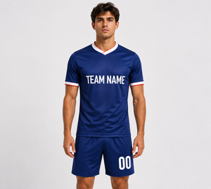 Maillot de football bleu pour homme, col en V, manches courtes, personnalisable avec le nom de l'équipe, ensemble uniforme en polyester anti-humidité avec poches - Product Image 3