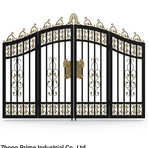 Portail double battant élégant en fer noir avec ornements dorés et motifs floraux pour entrée de villa - Product Image 3