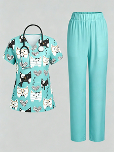 Ensemble de tenues médicales imprimées pour femmes, motif chat, haut à col en V et pantalon jogger, uniforme d'infirmière, extensible, pour vétérinaire et dentiste, mignon, fournisseur OEM personnalisé - Product Image 5