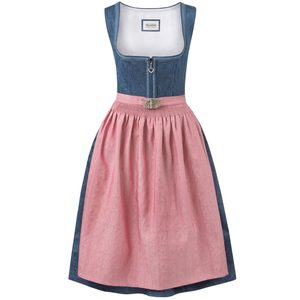 Women's Bavarian Style Dirndl <b>Dress</b> Midi Length A-Line With Belt Short Sleeve Vintage Folk Costume Denim Pink Blue Contrast - Product Image 3