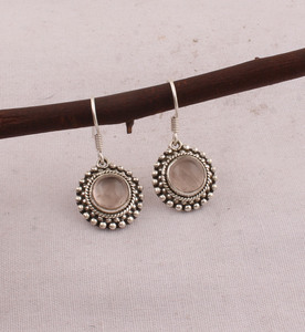 Wholesale 925 Sterling <b>Silver</b> Natural Rose Quartz <b>Dangle</b> Vintage Handcrafted Boho Beaded Frame Drop <b>Earrings</b> Engagement Unisex - Product Image 1