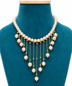 Elegant Women's cultured Pearl Tassel <b>Statement</b> <b>Necklace</b> Gold Plated Wedding Jewelry Round Bead Design - Product Image 1
