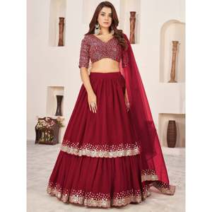 Beautiful <b>Red</b> <b>Sequins</b> Georgette Engagement Wear Lehenga Choli for Wedding Apparel - Product Image 2
