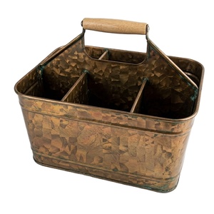 Rustic Hammered Copper Finish Galvanized Steel Utensil Holder <b>Caddy</b> With Wooden Handle 4-Compartment Tabletop Flatware Organizer - Product Image 1