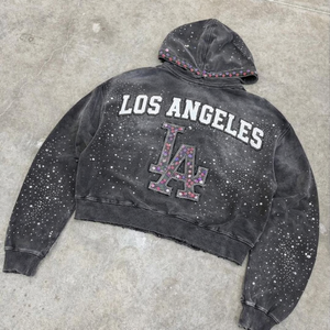 Sweat à capuche pour homme de haute qualité, délavé à l'acide, avec strass et patch en chenille, qualité supérieure - Product Image 2