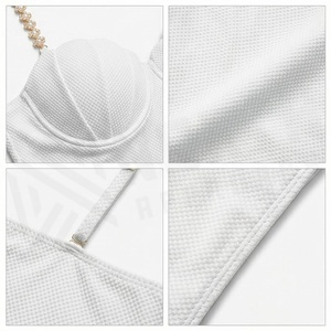 White Textured One Piece Swimsuit With Rhinestone Strap Detail Push Up Bra Style Women's Beachwear - Product Image 4