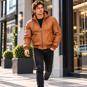 Blouson Bomber Hiver Homme en Cuir de Vachette Marron Respirant avec Fermeture Éclair et Capuche – Vêtement d'extérieur Premium Exotique Décontracté Style Motard - Product Image 2