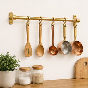 Handmade Luxury Solid Unlacquered Brass Pot Rail with S <b>Hooks</b> Wall Mounted <b>Kitchen</b> Utensil Hanging Organizer Rack for Pots Pans - Product Image 2